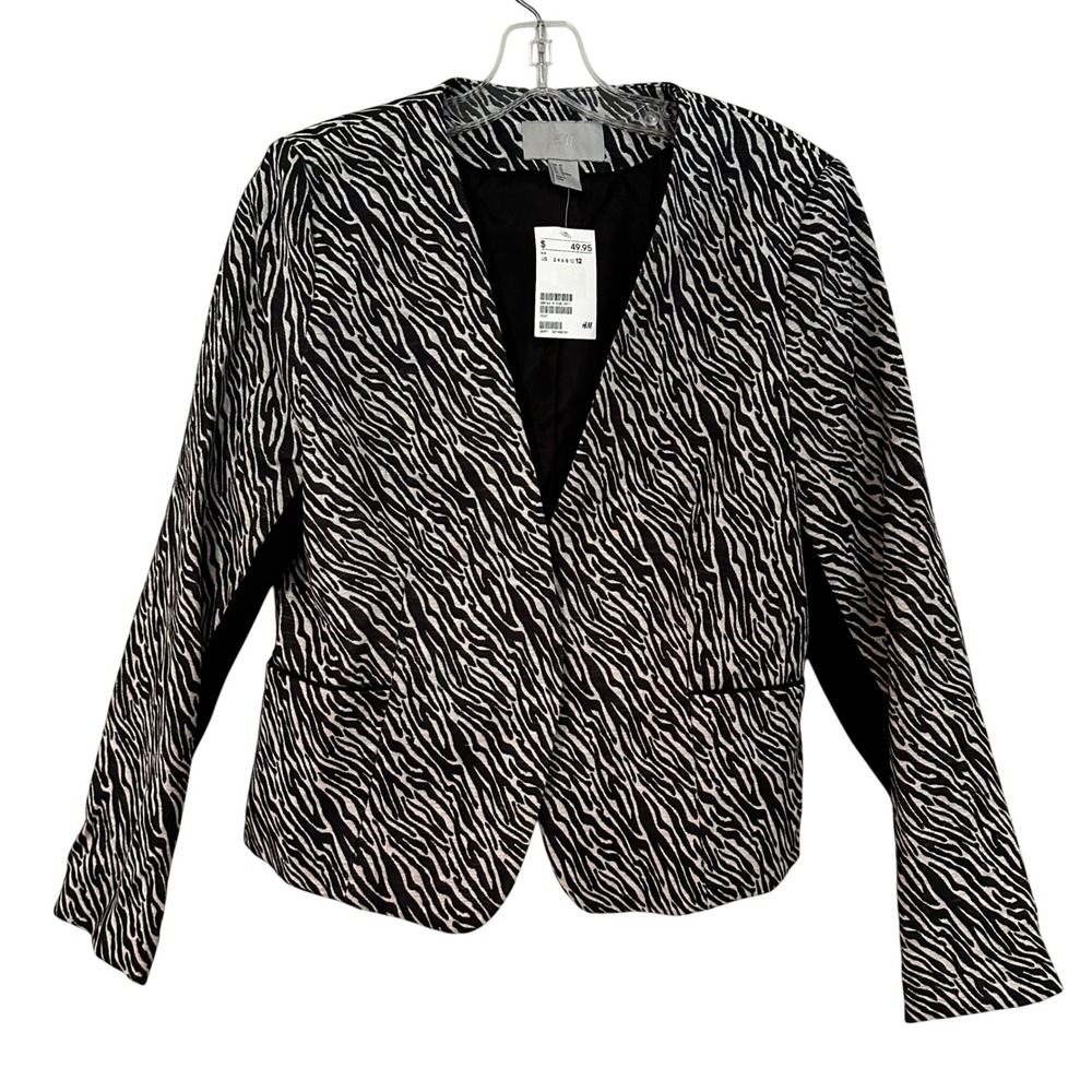 H&M Animal Print Blazer Women's 12 Black White Career Y2K Classic Cropped NWT‎